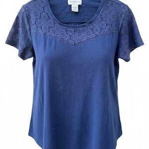 Liz Claiborne Navy Short Sleeve Lace Tee